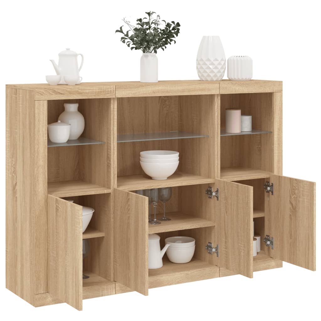 Buffets avec éclairage LED, 3 pièces de bois fini, couleur chêne brun