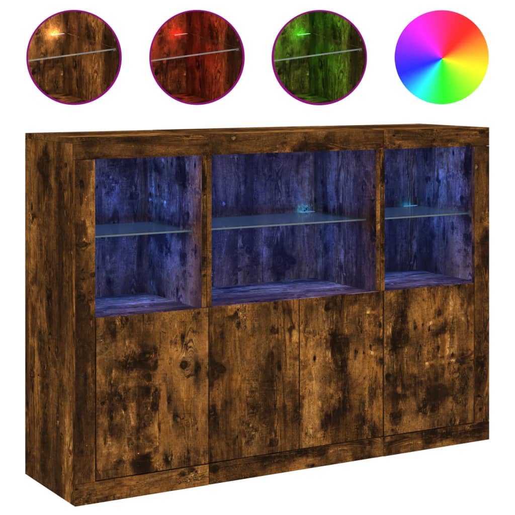 Buffets avec éclairage LED, 3 pièces de bois fini, couleur chêne brun