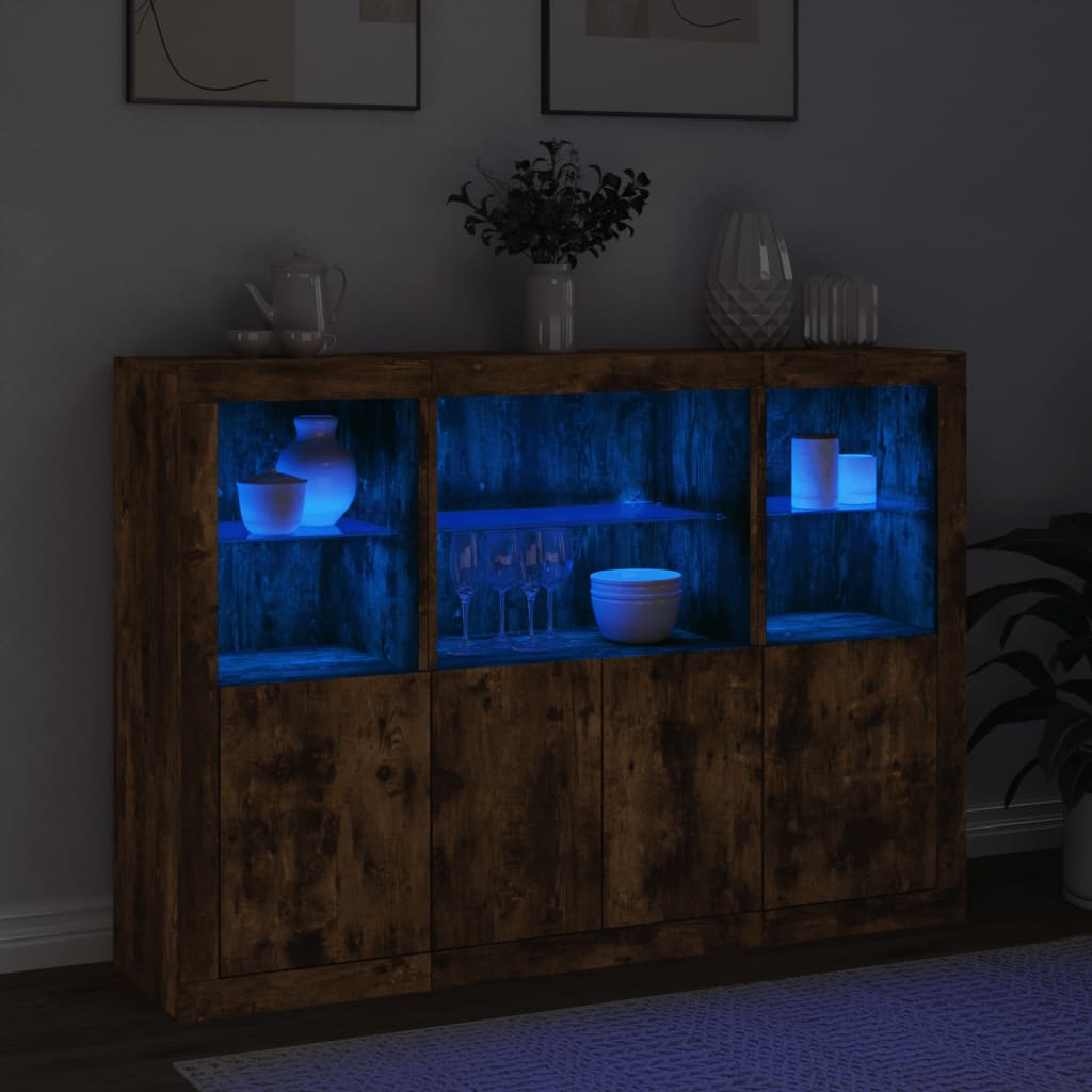 Buffets avec éclairage LED, 3 pièces de bois fini, couleur chêne brun