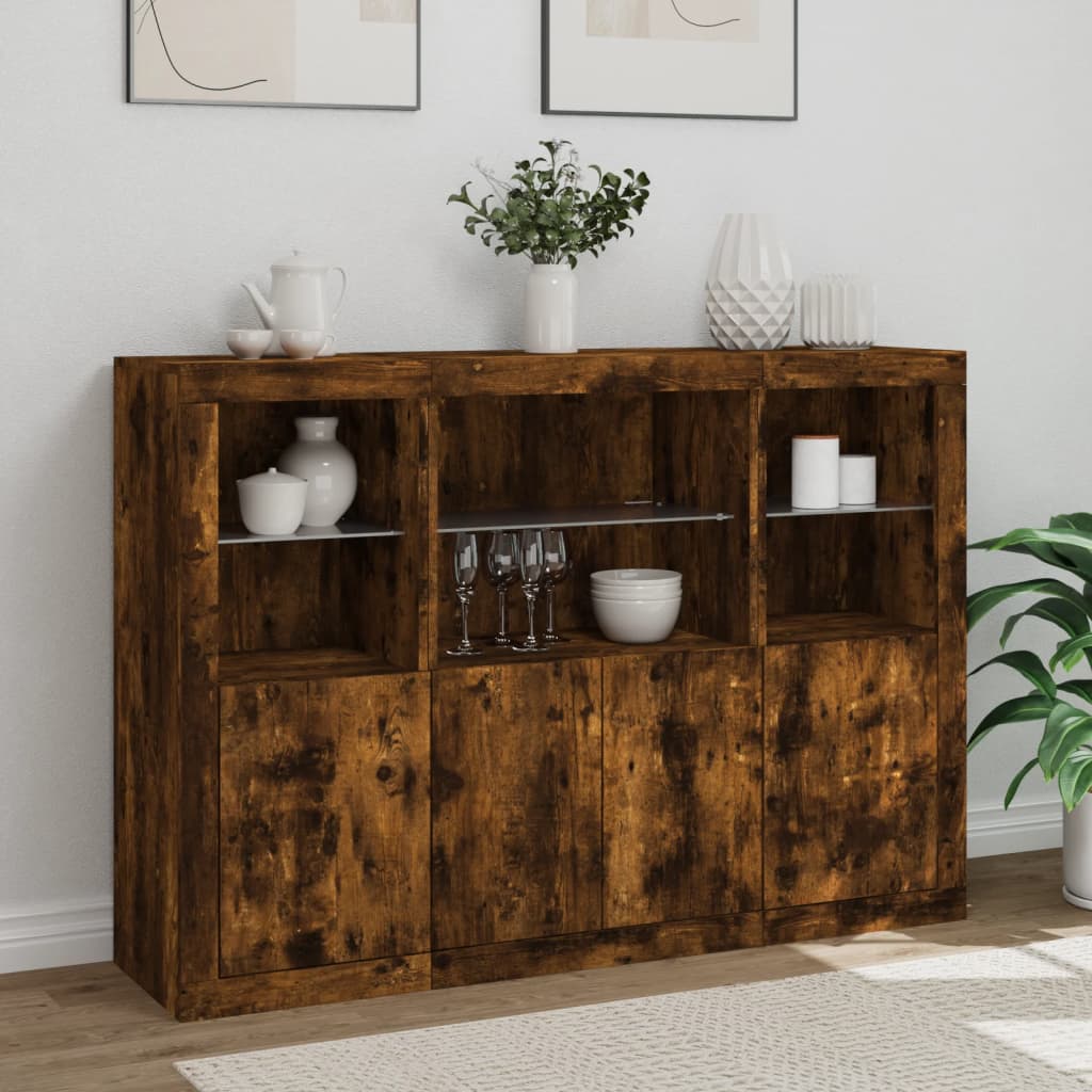 Buffets avec éclairage LED, 3 pièces de bois fini, couleur chêne brun