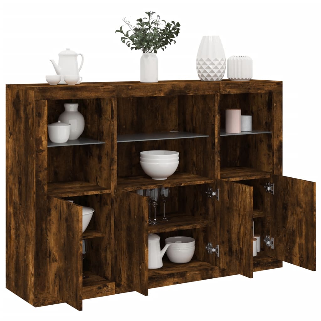 Buffets avec éclairage LED, 3 pièces de bois fini, couleur chêne brun