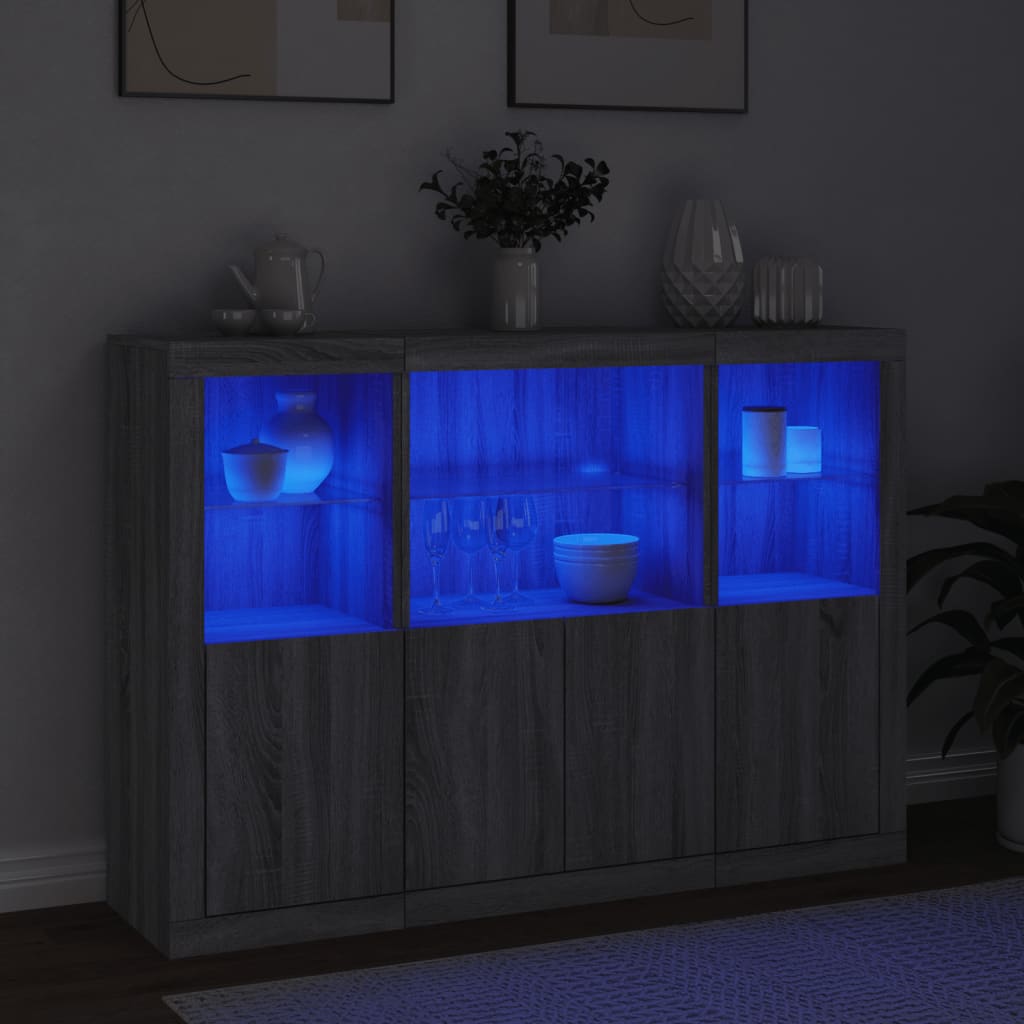 Buffets avec éclairage LED, 3 pièces de bois fini, couleur chêne brun