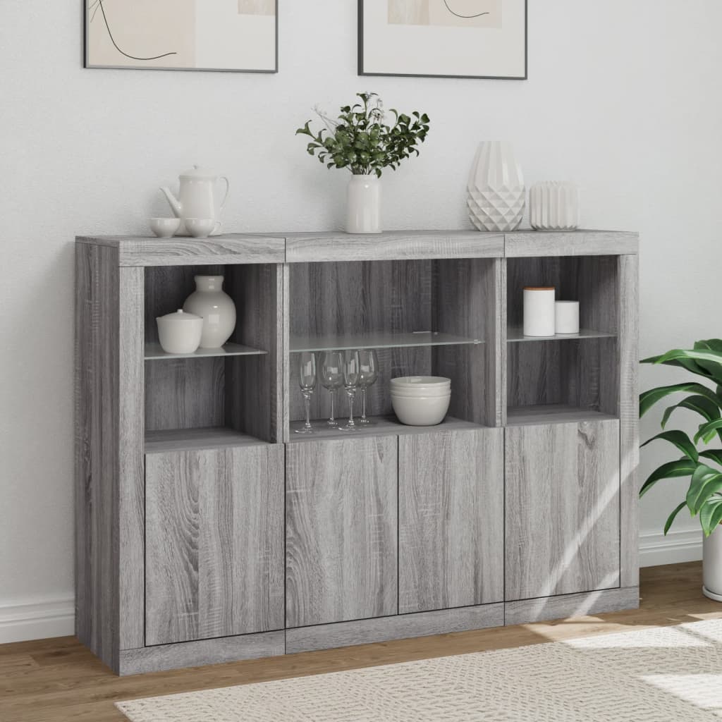 Buffets avec éclairage LED, 3 pièces de bois fini, couleur chêne brun