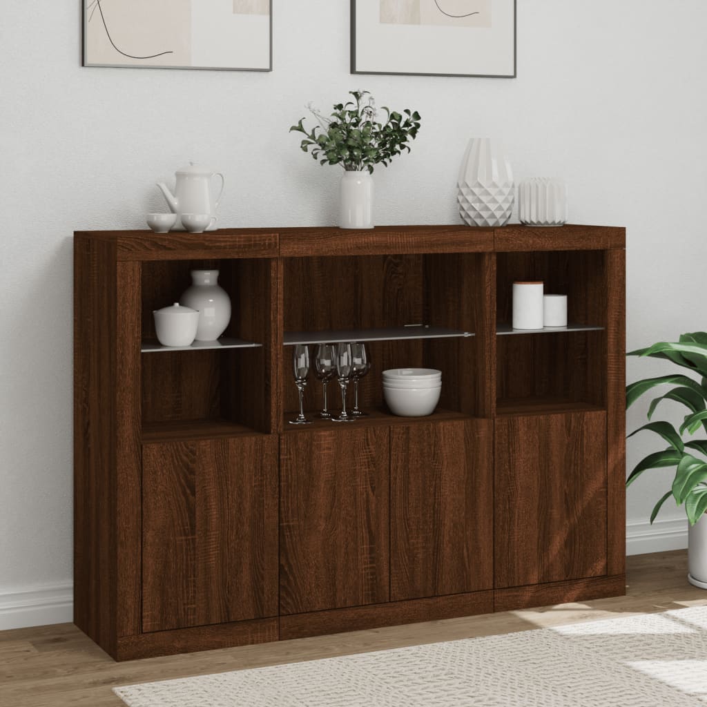 Buffets avec éclairage LED, 3 pièces de bois fini, couleur chêne brun