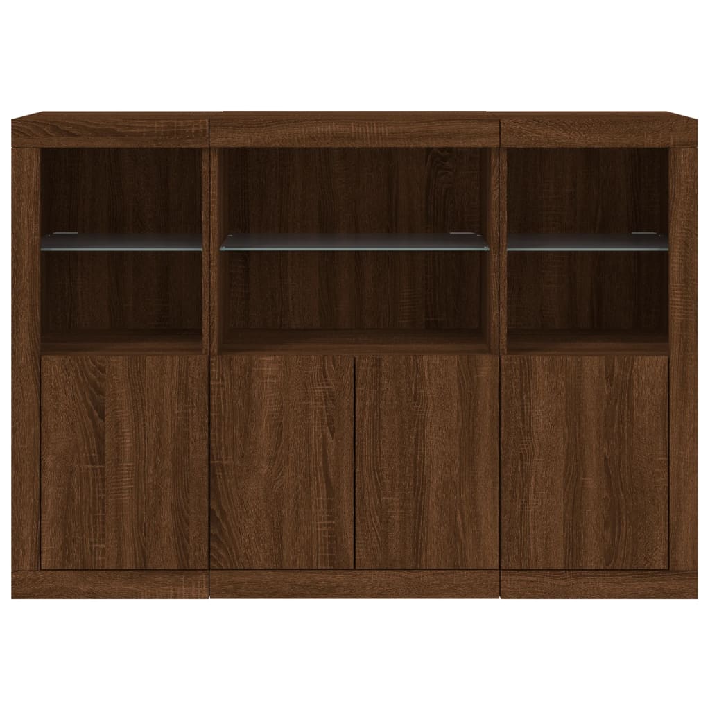 Buffets avec éclairage LED, 3 pièces de bois fini, couleur chêne brun