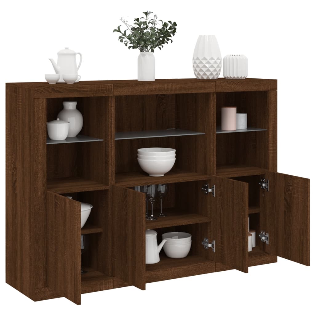 Buffets avec éclairage LED, 3 pièces de bois fini, couleur chêne brun