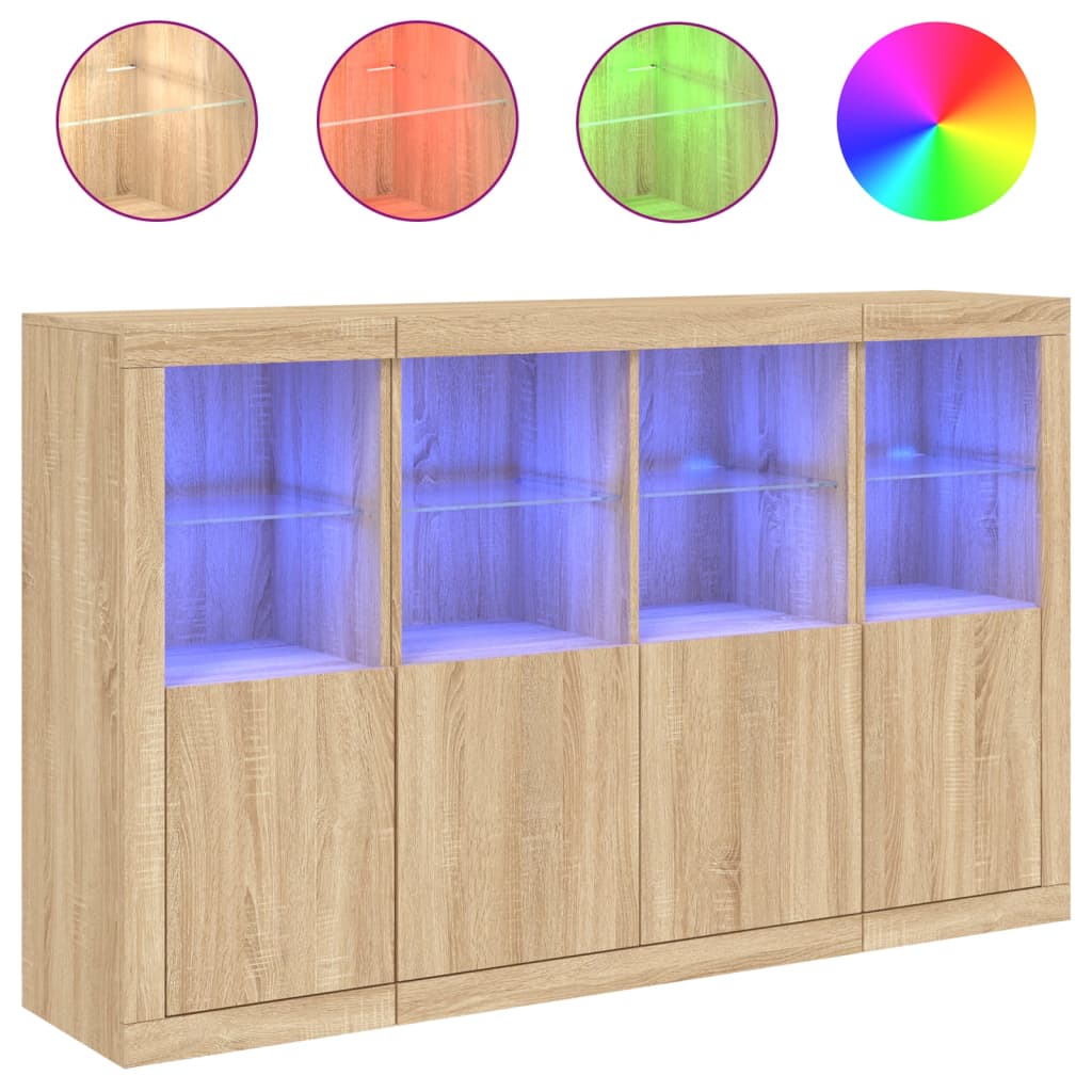 Buffets avec éclairage LED, 3 pièces de bois fini, couleur chêne brun