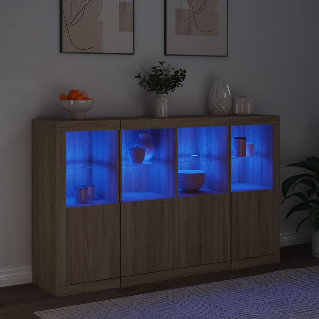 Buffets avec éclairage LED, 3 pièces de bois fini, couleur chêne brun