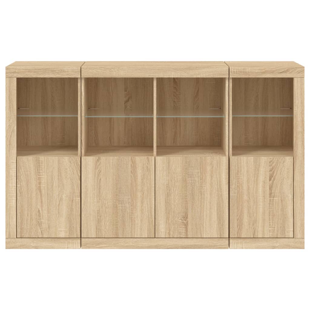 Buffets avec éclairage LED, 3 pièces de bois fini, couleur chêne brun