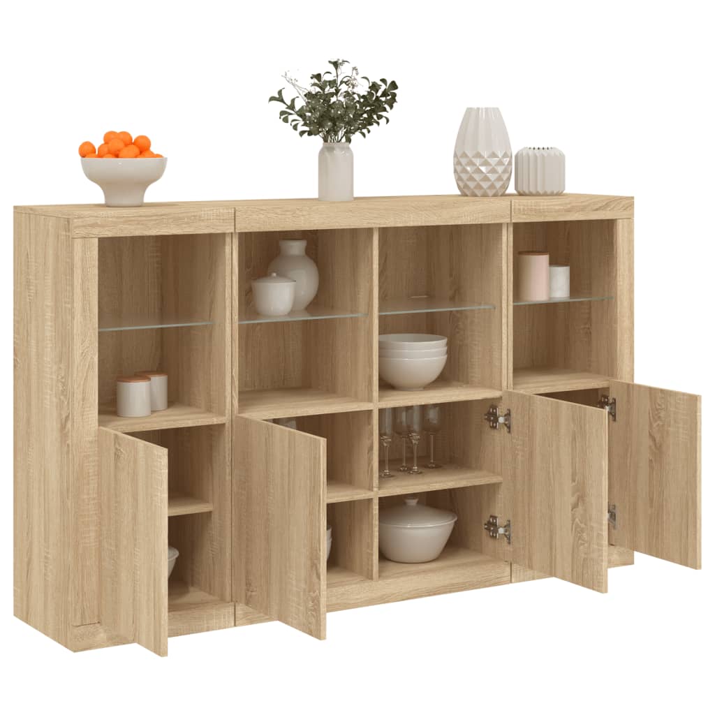 Buffets avec éclairage LED, 3 pièces de bois fini, couleur chêne brun