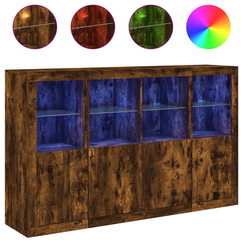 Buffets avec éclairage LED, 3 pièces de bois fini, couleur chêne brun