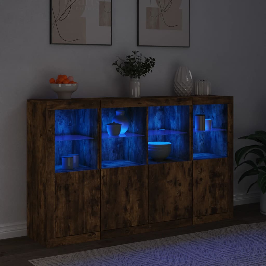 Buffets avec éclairage LED, 3 pièces de bois fini, couleur chêne brun