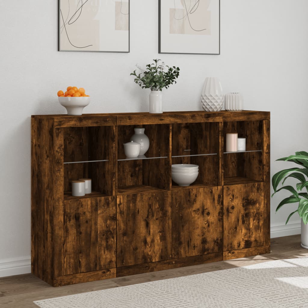 Buffets avec éclairage LED, 3 pièces de bois fini, couleur chêne brun