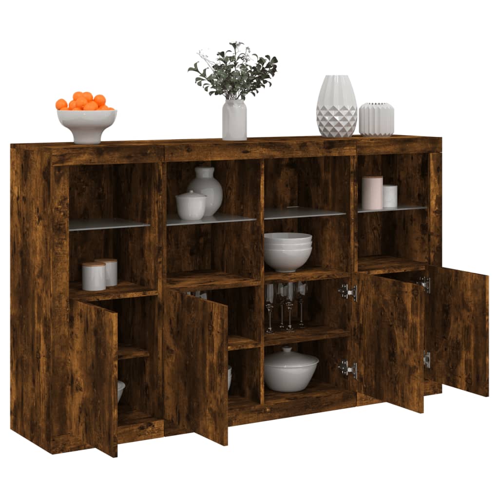 Buffets avec éclairage LED, 3 pièces de bois fini, couleur chêne brun