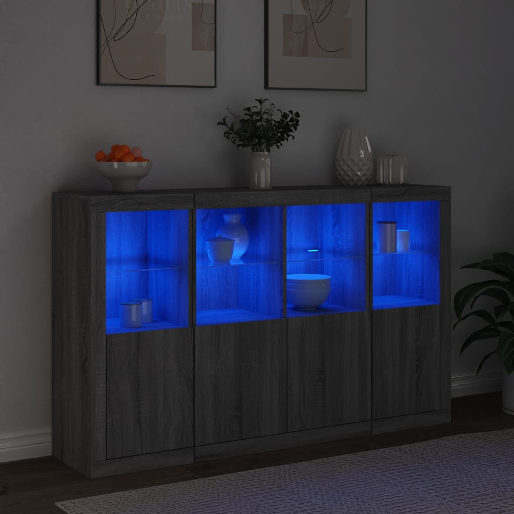 Buffets avec éclairage LED, 3 pièces de bois fini, couleur chêne brun