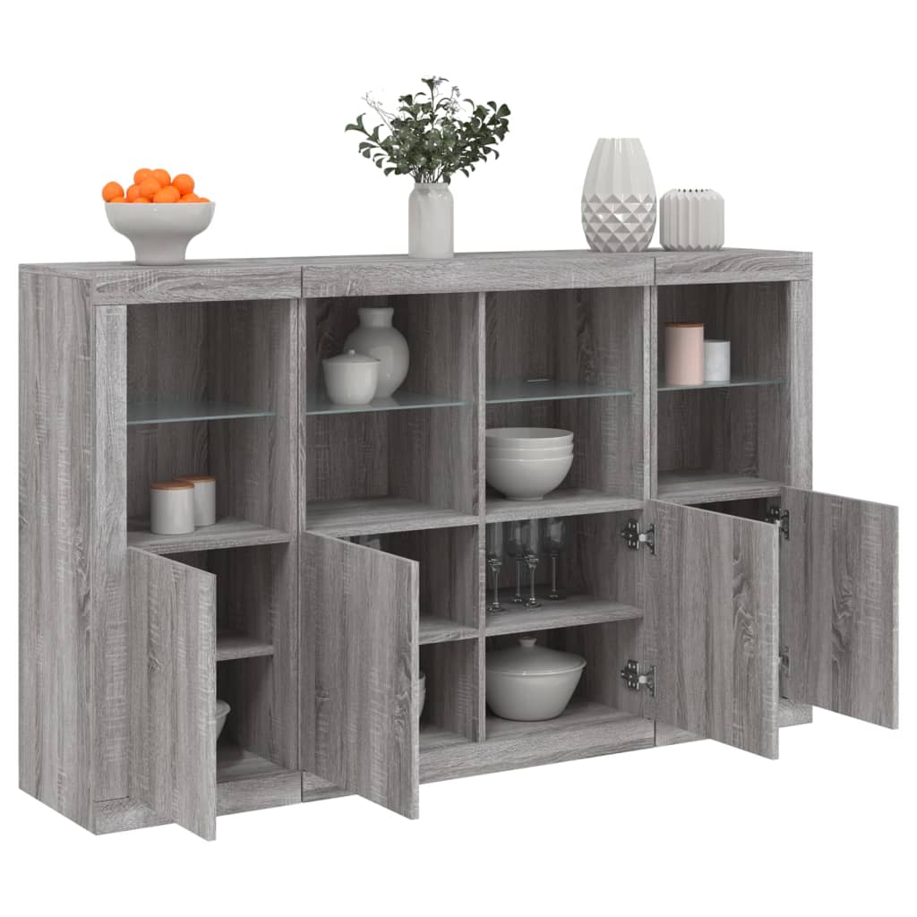 Buffets avec éclairage LED, 3 pièces de bois fini, couleur chêne brun