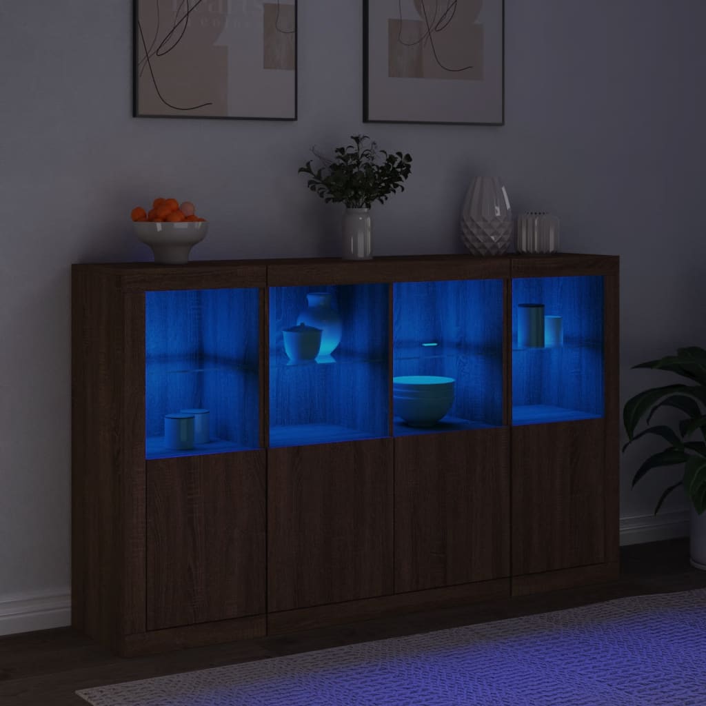 Buffets avec éclairage LED, 3 pièces de bois fini, couleur chêne brun