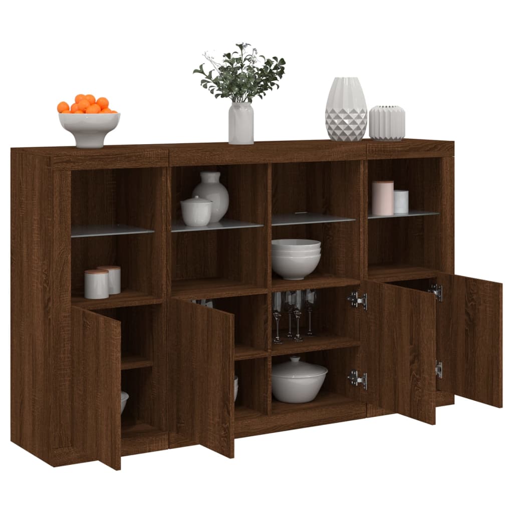 Buffets avec éclairage LED, 3 pièces de bois fini, couleur chêne brun