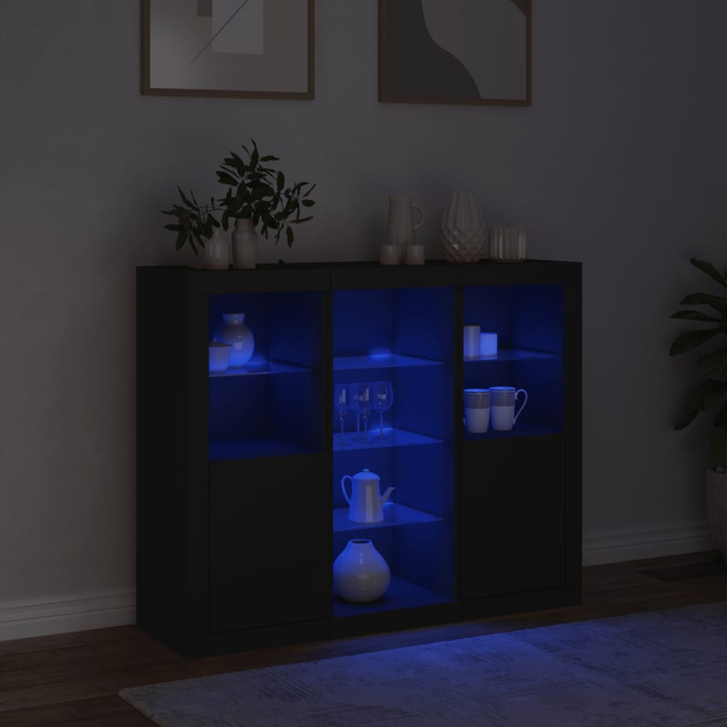 Buffets avec éclairage LED 3 pcs en bois travaillé.