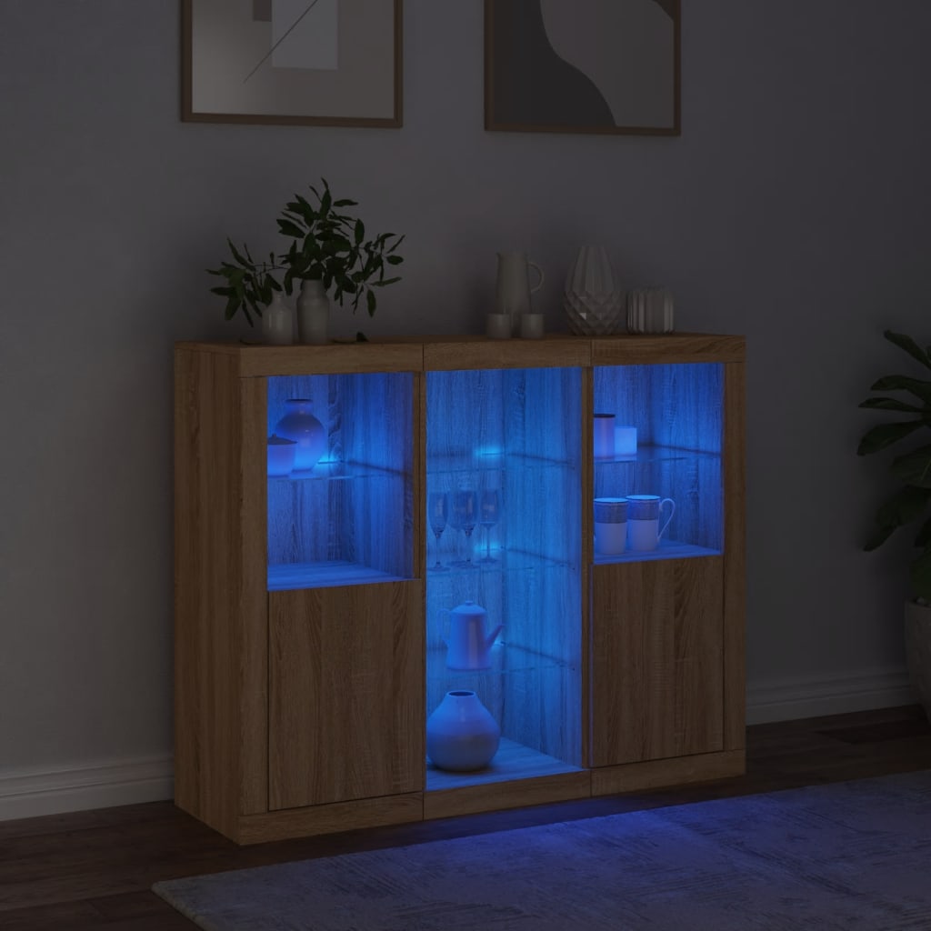 Buffets avec éclairage LED 3 pcs en bois travaillé.