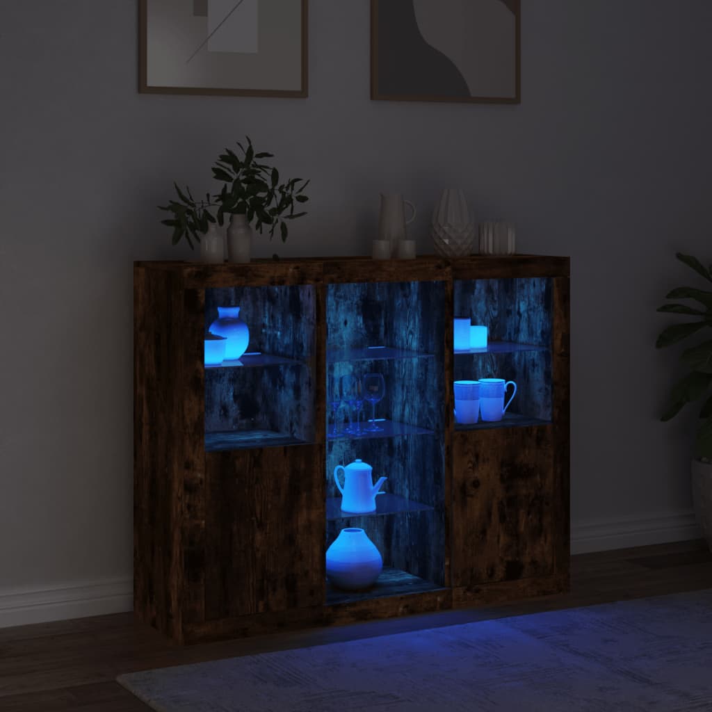 Buffets avec éclairage LED 3 pcs en bois travaillé.