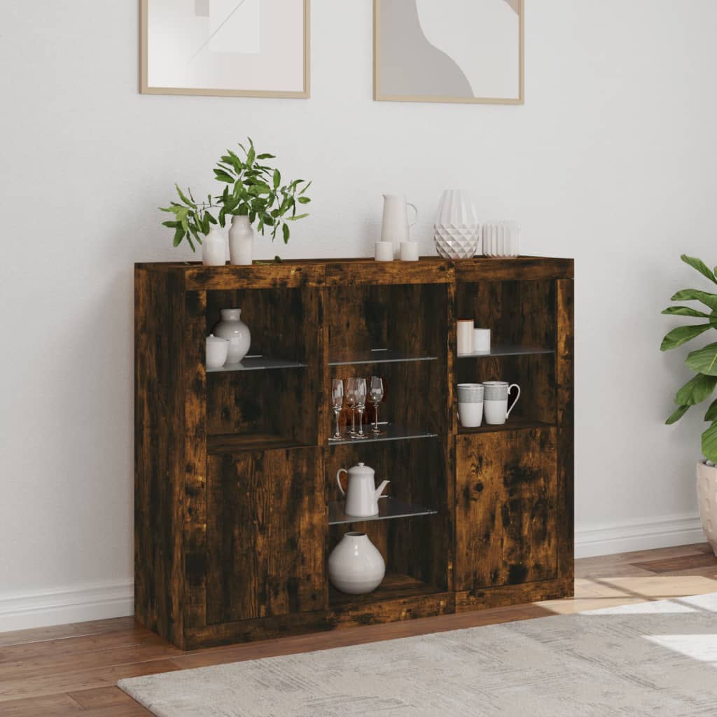 Buffets avec éclairage LED 3 pcs en bois travaillé.