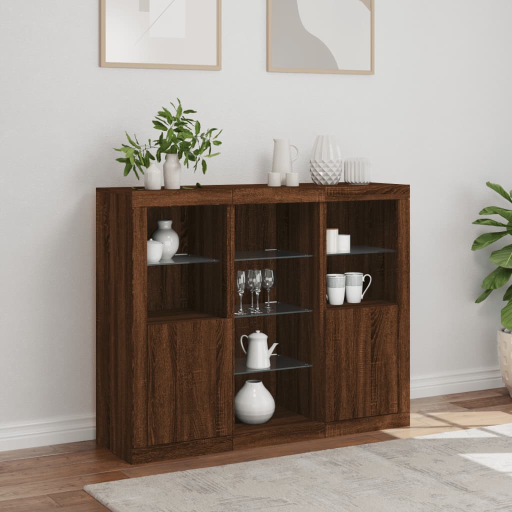 Buffets avec éclairage LED 3 pcs en bois travaillé.