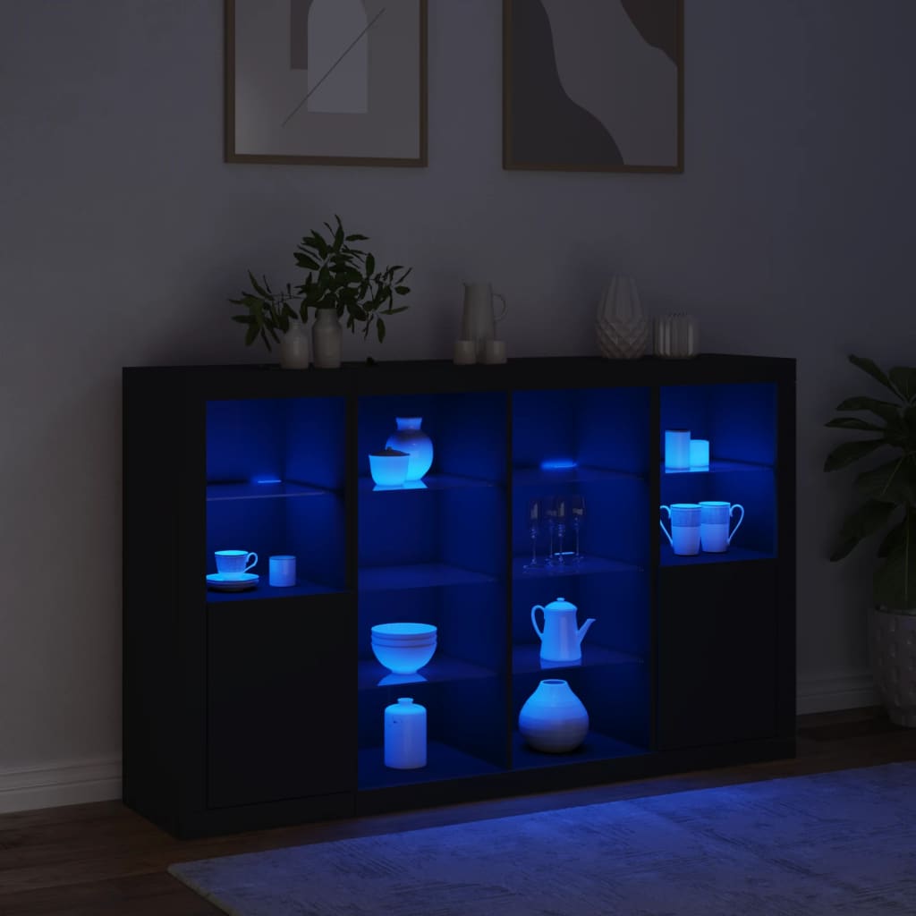 Buffets avec éclairage LED, 3 pièces de bois fini, couleur chêne brun