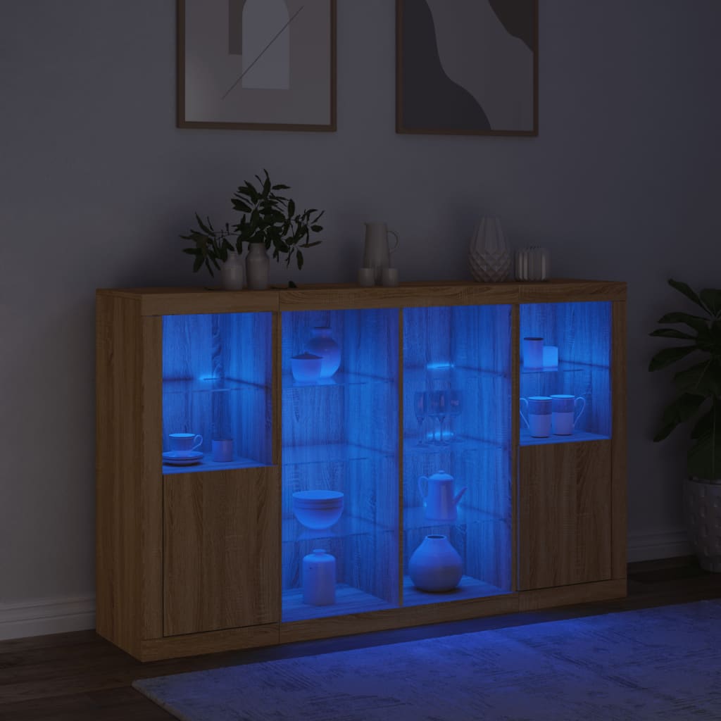 Buffets avec éclairage LED, 3 pièces de bois fini, couleur chêne brun