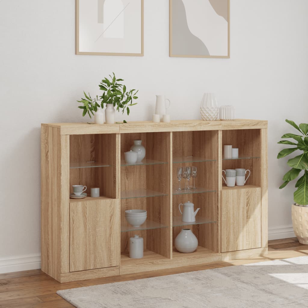 Buffets avec éclairage LED, 3 pièces de bois fini, couleur chêne brun