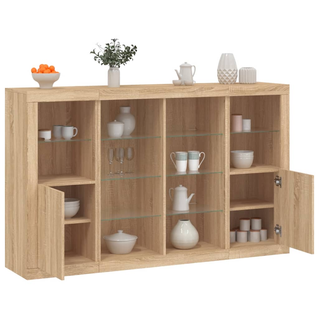 Buffets avec éclairage LED, 3 pièces de bois fini, couleur chêne brun