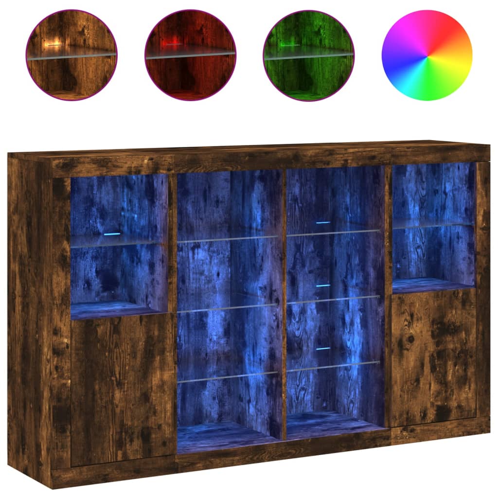 Buffets avec éclairage LED, 3 pièces de bois fini, couleur chêne brun