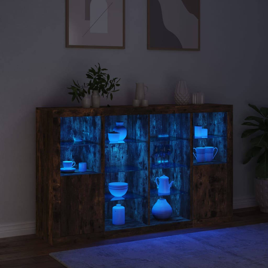 Buffets avec éclairage LED, 3 pièces de bois fini, couleur chêne brun