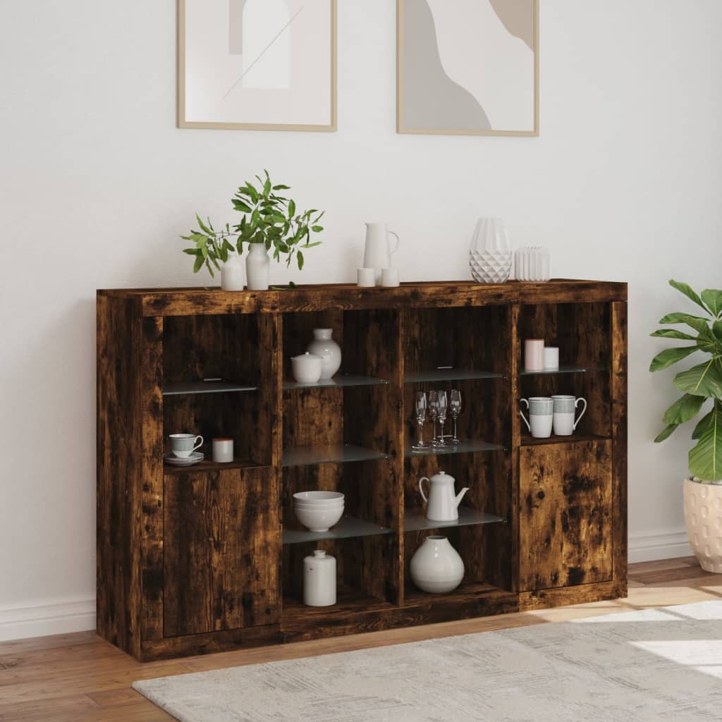 Buffets avec éclairage LED, 3 pièces de bois fini, couleur chêne brun