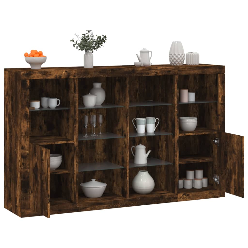 Buffets avec éclairage LED, 3 pièces de bois fini, couleur chêne brun