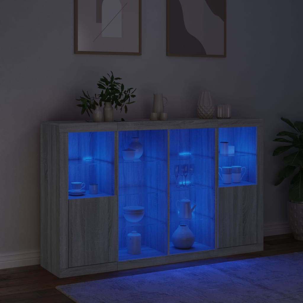 Buffets avec éclairage LED, 3 pièces de bois fini, couleur chêne brun