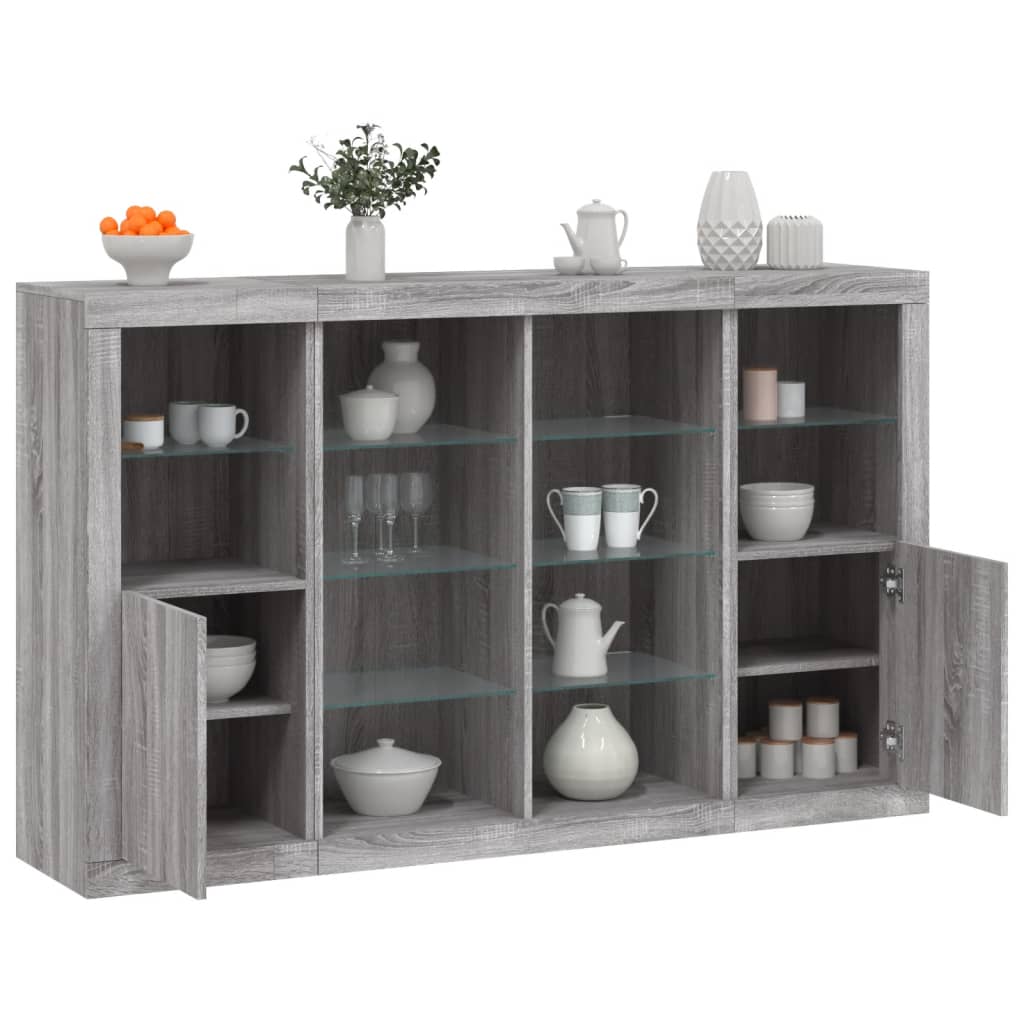 Buffets avec éclairage LED, 3 pièces de bois fini, couleur chêne brun