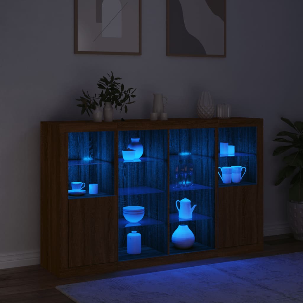 Buffets avec éclairage LED, 3 pièces de bois fini, couleur chêne brun