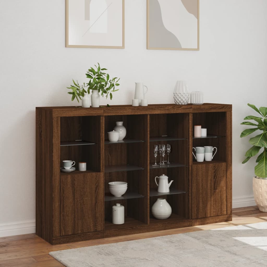 Buffets avec éclairage LED, 3 pièces de bois fini, couleur chêne brun