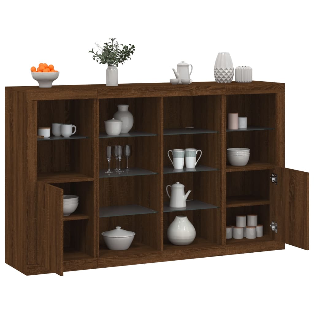 Buffets avec éclairage LED, 3 pièces de bois fini, couleur chêne brun