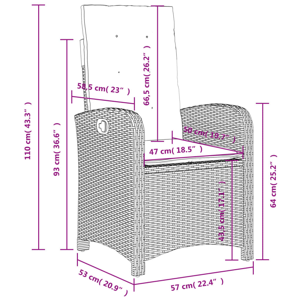 Chaise de jardin réglable avec coussins mixtes en polyrotin