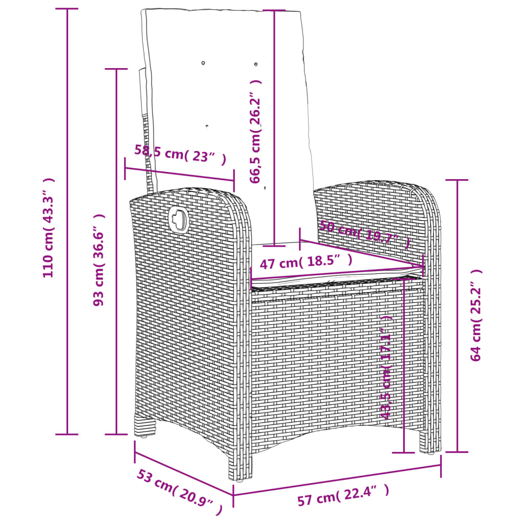 Chaise de jardin réglable avec coussins mixtes en polyrotin