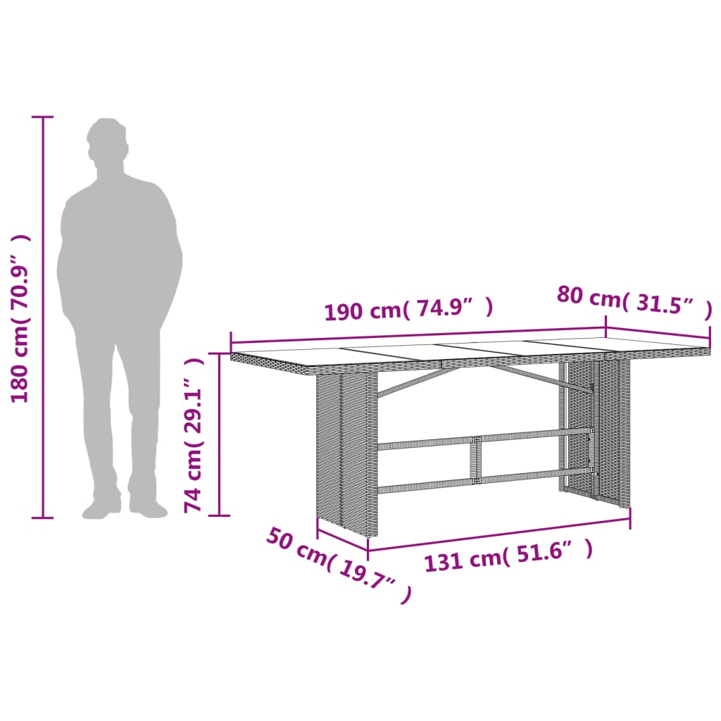 Table de jardin avec plateau en verre 190x80x74 cm poly rotin