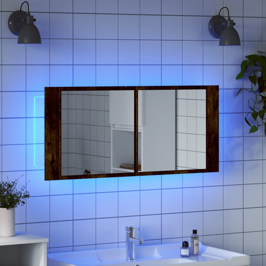 Meuble de salle de bain avec miroir LED acrylique couleur chêne