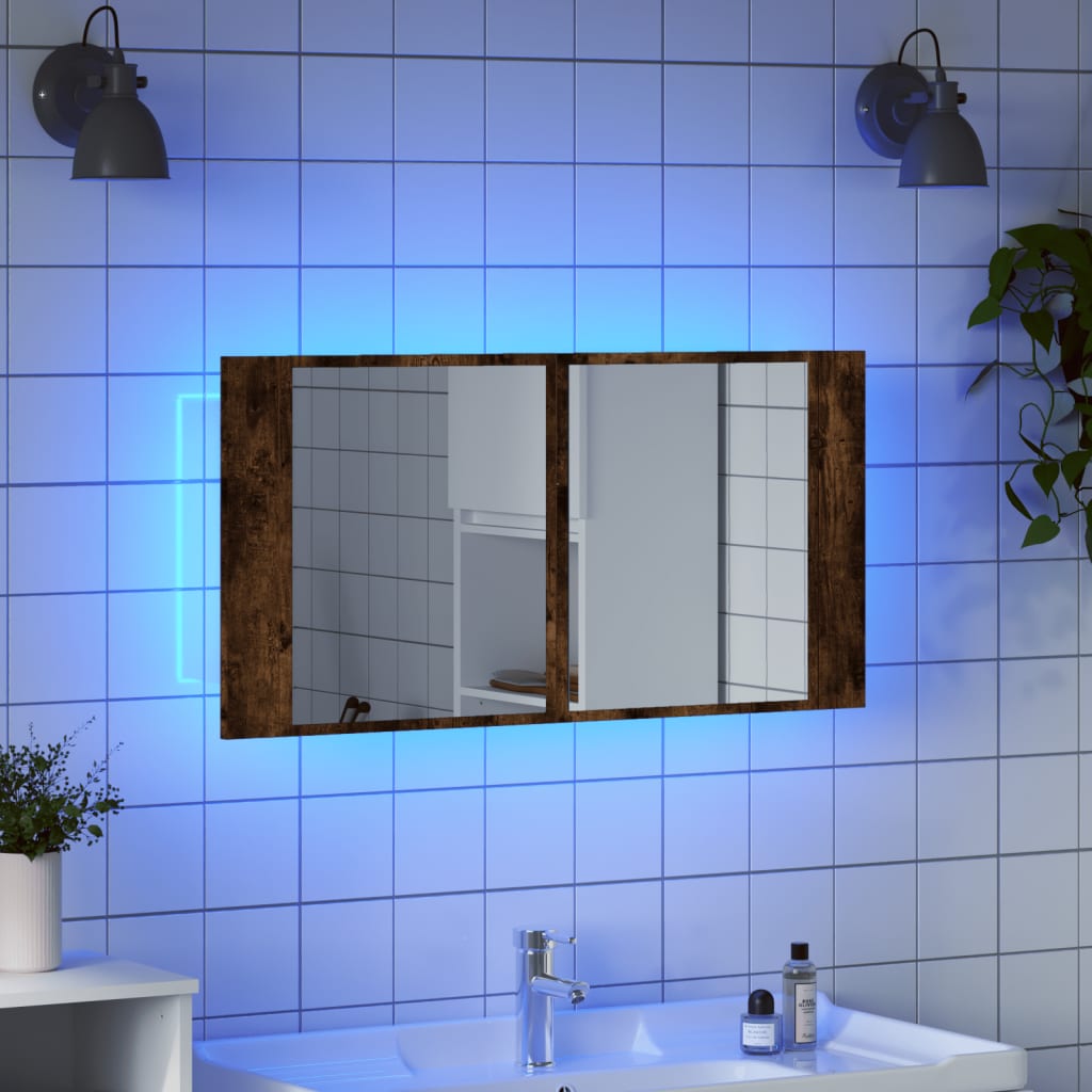 Meuble de salle de bain avec miroir LED 90x12x45 couleur chêne acrylique