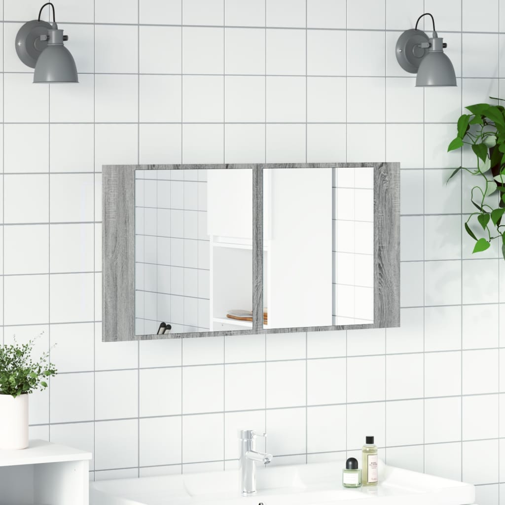 Meuble de salle de bain avec miroir LED 90x12x45 couleur chêne acrylique