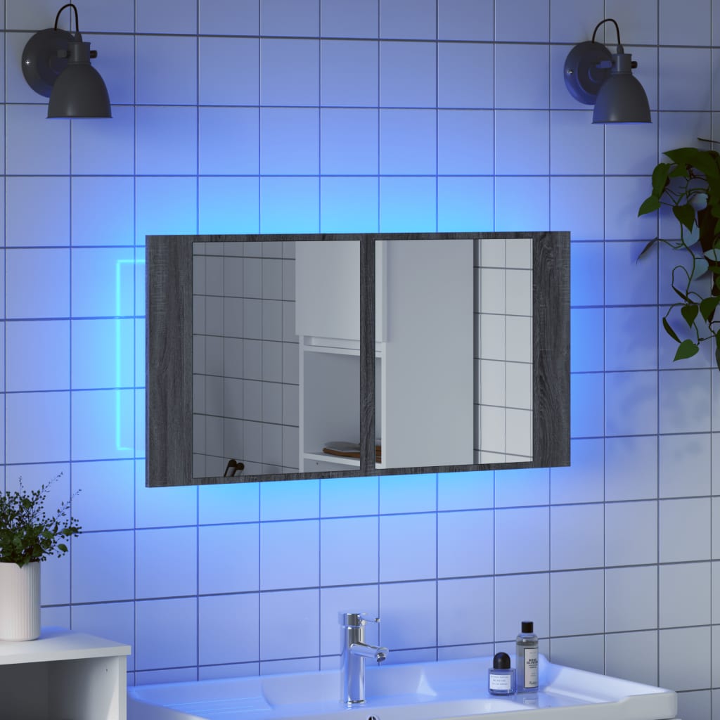 Meuble de salle de bain avec miroir LED 90x12x45 couleur chêne acrylique