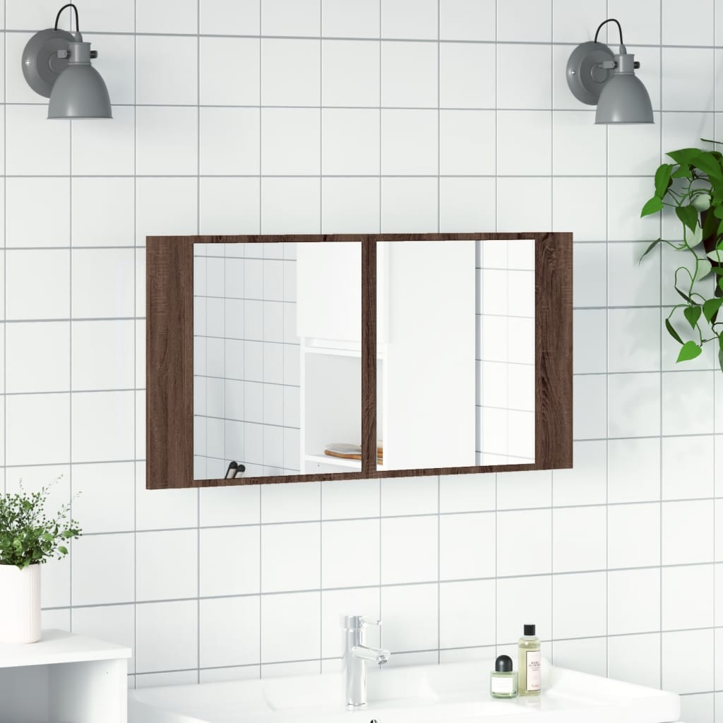 Meuble de salle de bain avec miroir LED 90x12x45 couleur chêne acrylique