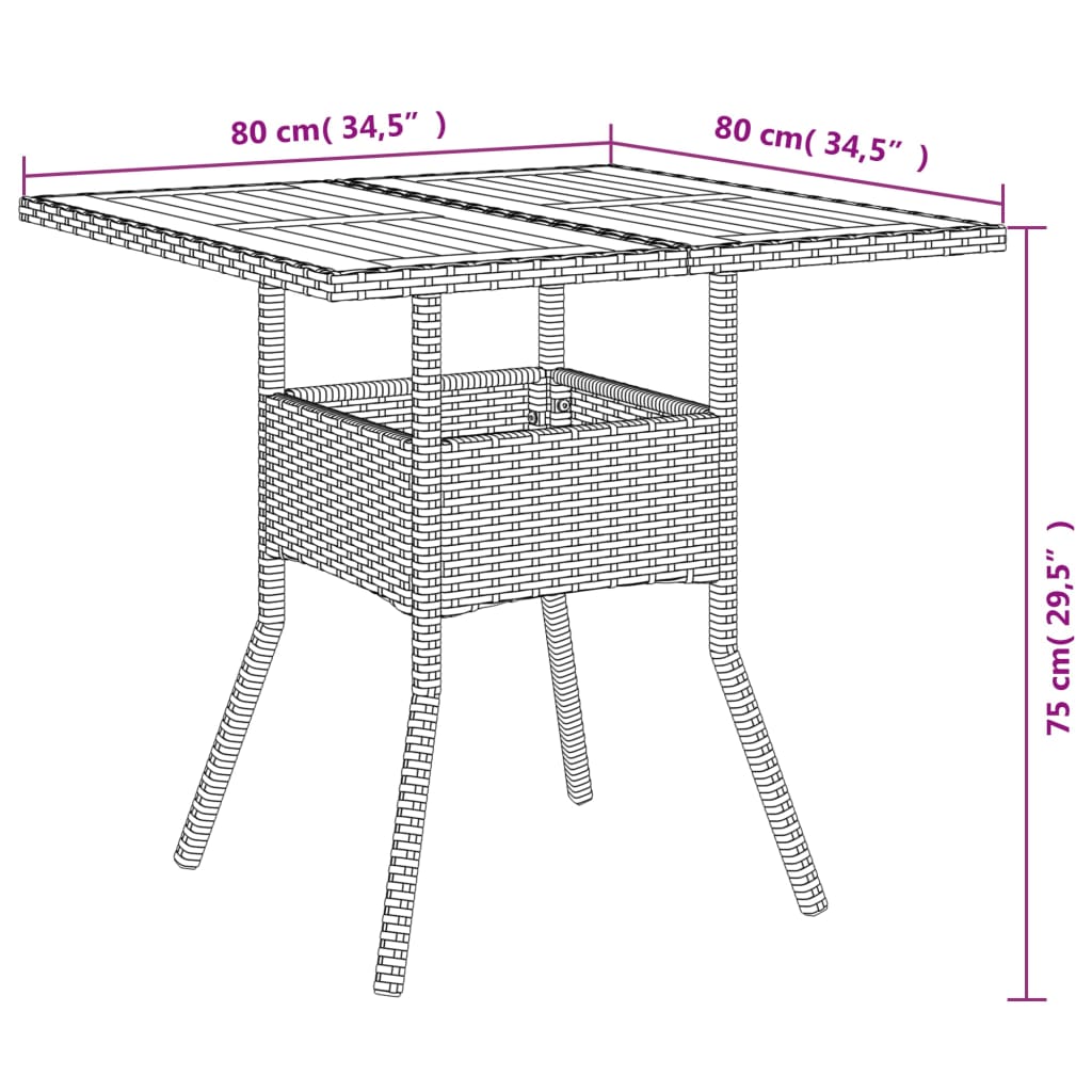 Tuintafel met acaciahouten blad 80x80x75 cm poly rattan