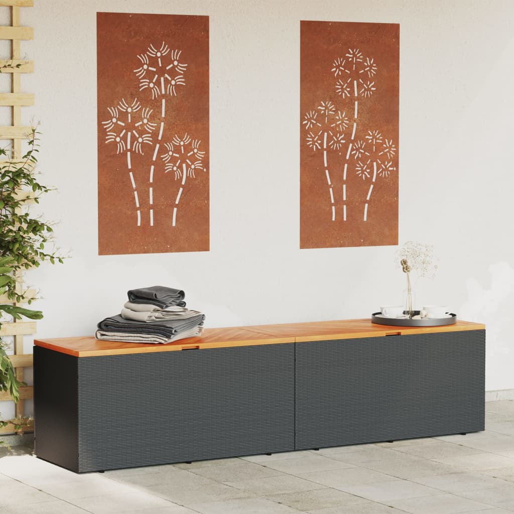 Coffre de jardin 220x50x54 cm poly rotin et bois d'acacia